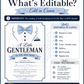 Little gentleman baby shower invitation with blue bow tie, tuxedo shirt details, navy buttons, pocket square, mustache, ribbon banner, and elegant baby boy design
