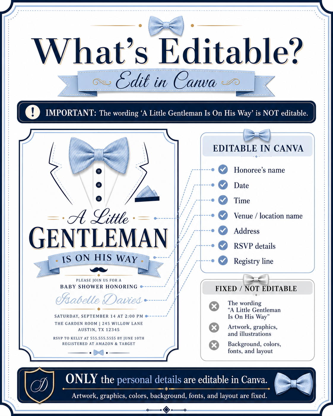 Little gentleman baby shower invitation with blue bow tie, tuxedo shirt details, navy buttons, pocket square, mustache, ribbon banner, and elegant baby boy design