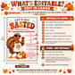 Thanksgiving dinner invitation with Let’s Get Basted headline, cartoon turkey wearing sunglasses and holding a wine glass, and fall pumpkins