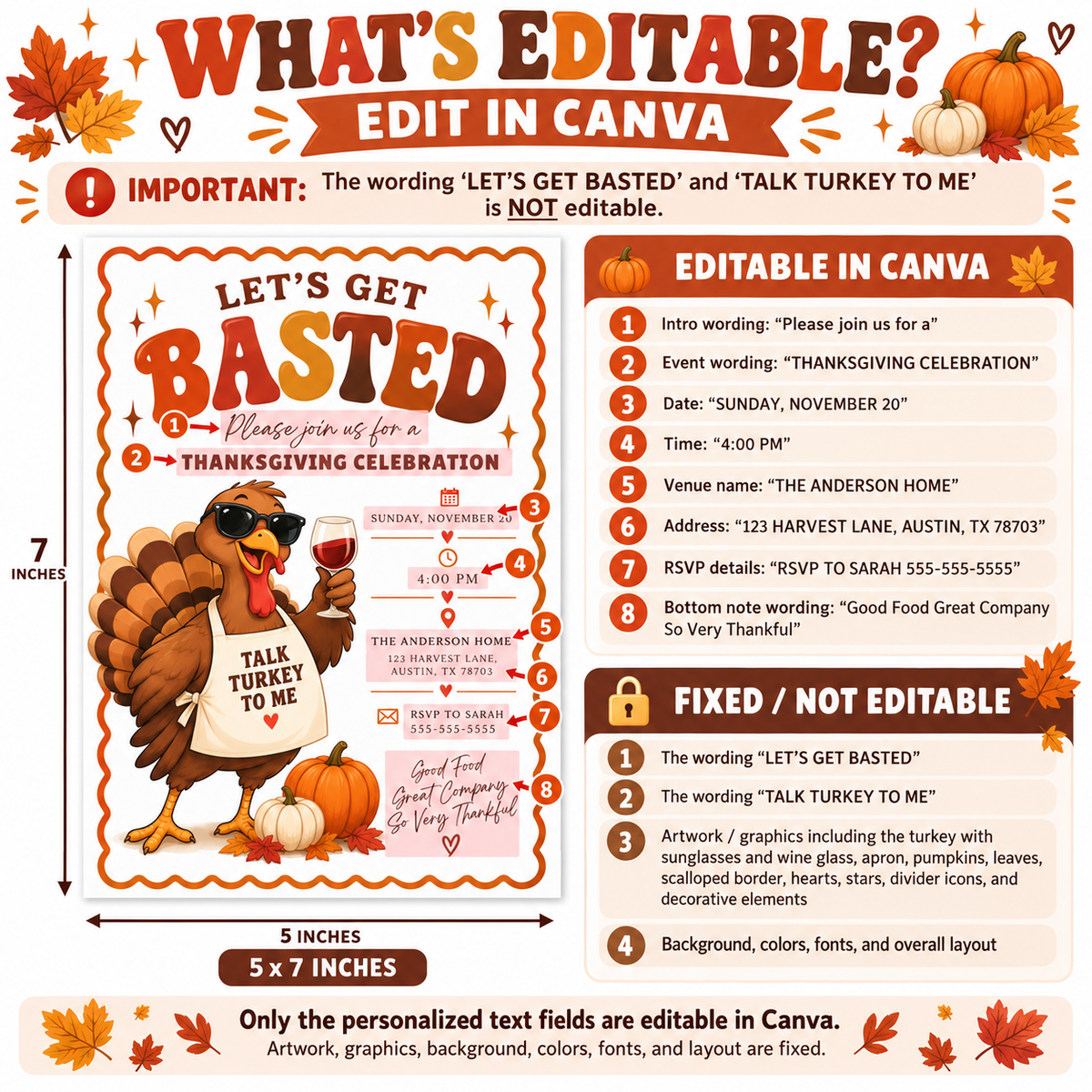 Thanksgiving dinner invitation with Let’s Get Basted headline, cartoon turkey wearing sunglasses and holding a wine glass, and fall pumpkins