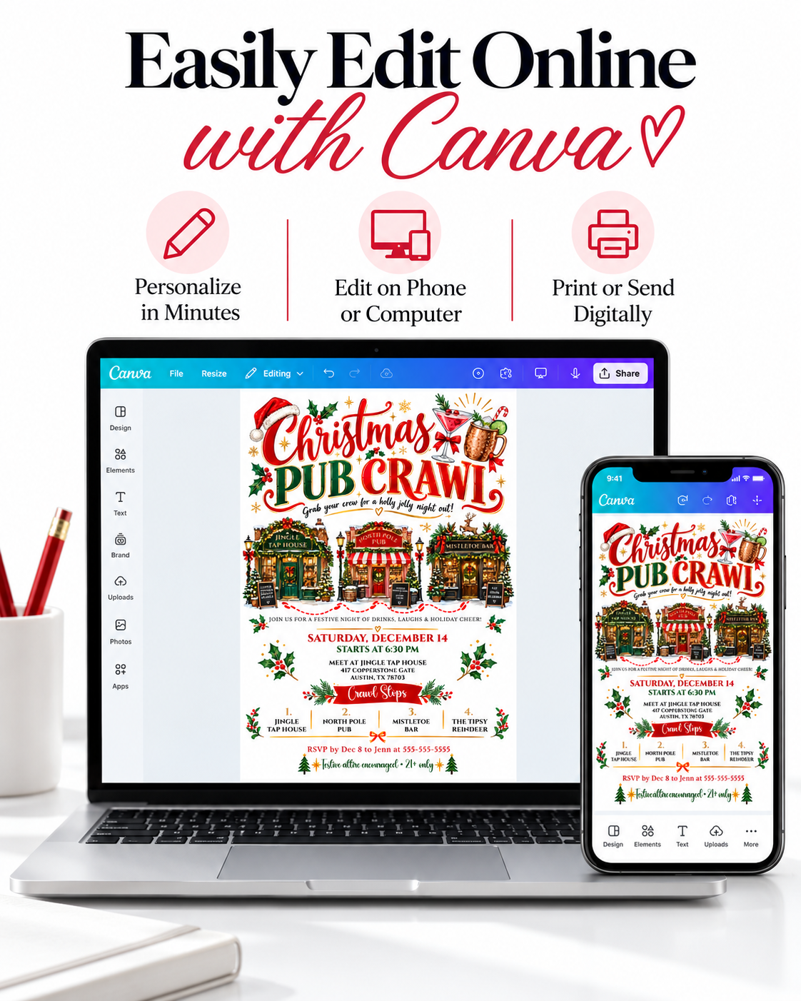 Christmas pub crawl invitation with three decorated holiday pubs, festive cocktails, Christmas greenery and red and green lettering