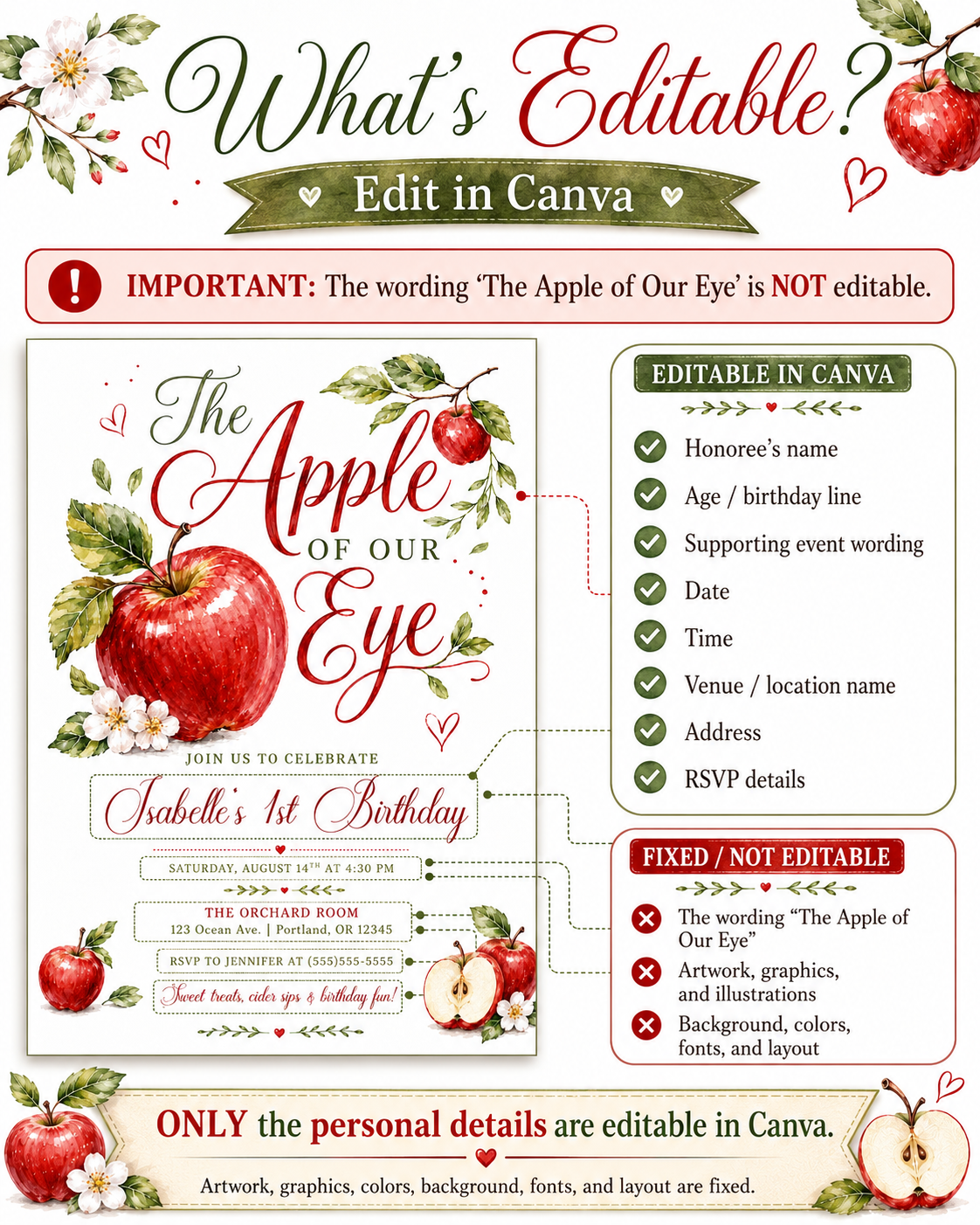 Apple of our eye birthday invitation with watercolor red apples, leafy branches, apple blossoms, hearts, elegant script lettering, and orchard birthday details