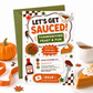 Thanksgiving party invitation with Let’s Get Sauced headline, cartoon turkey, pumpkin pie, gravy boat, sauce bottle, and orange and green fall details