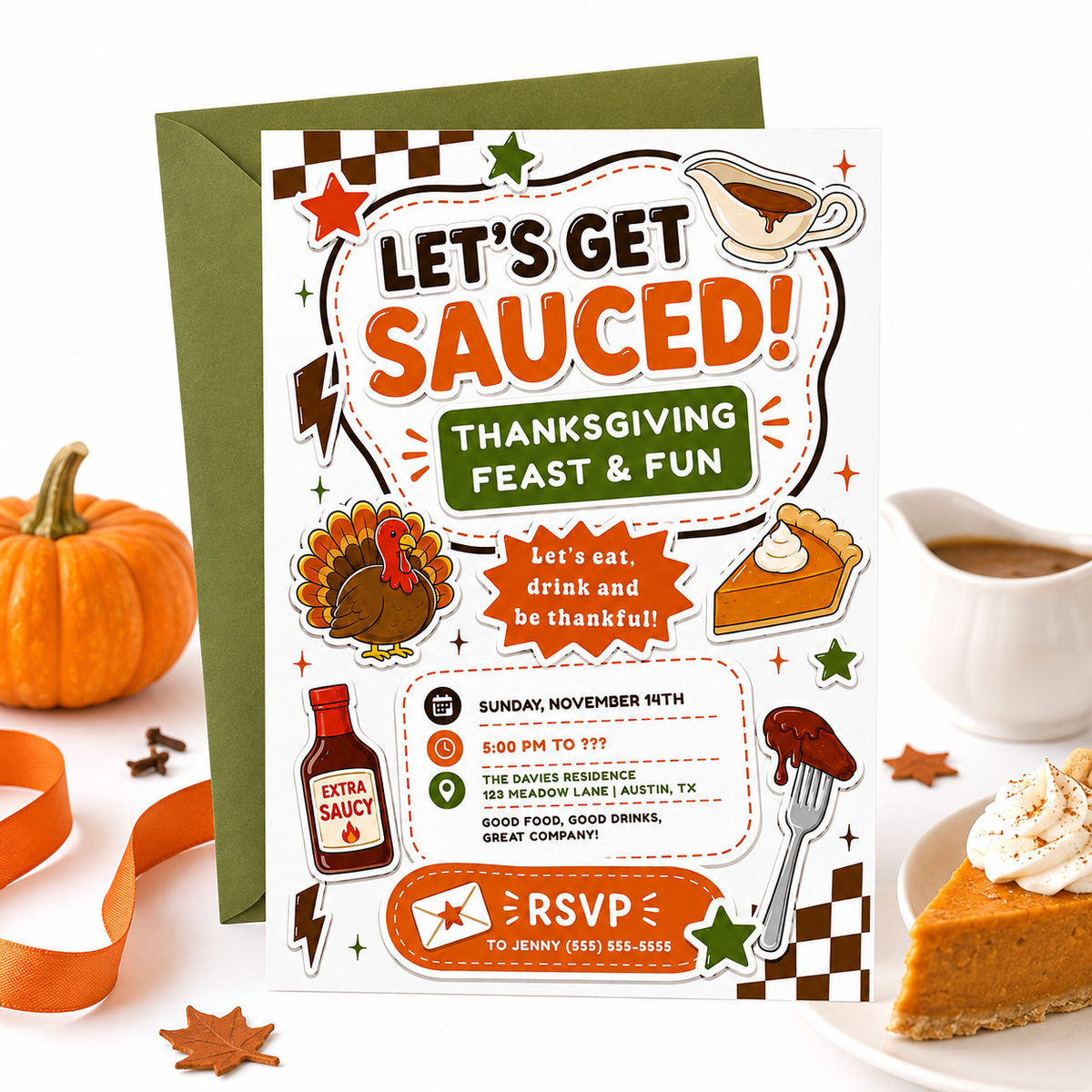 Thanksgiving party invitation with Let’s Get Sauced headline, cartoon turkey, pumpkin pie, gravy boat, sauce bottle, and orange and green fall details