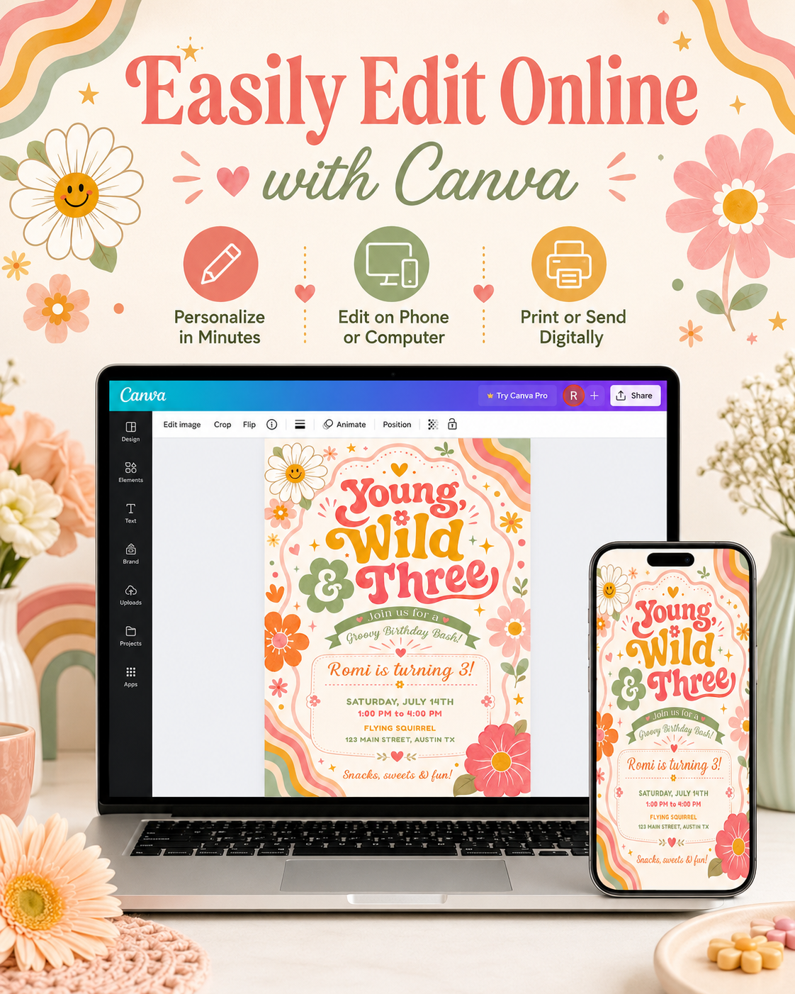 Young wild and three birthday invitation with groovy retro lettering, colorful flowers, rainbow waves, hearts, stars, and boho pink orange sage details