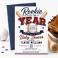 Rookie baseball baby shower invitation with crossed baseball bats, baseball, varsity lettering, navy ribbon banner, red and blue stars, and classic sports shower details