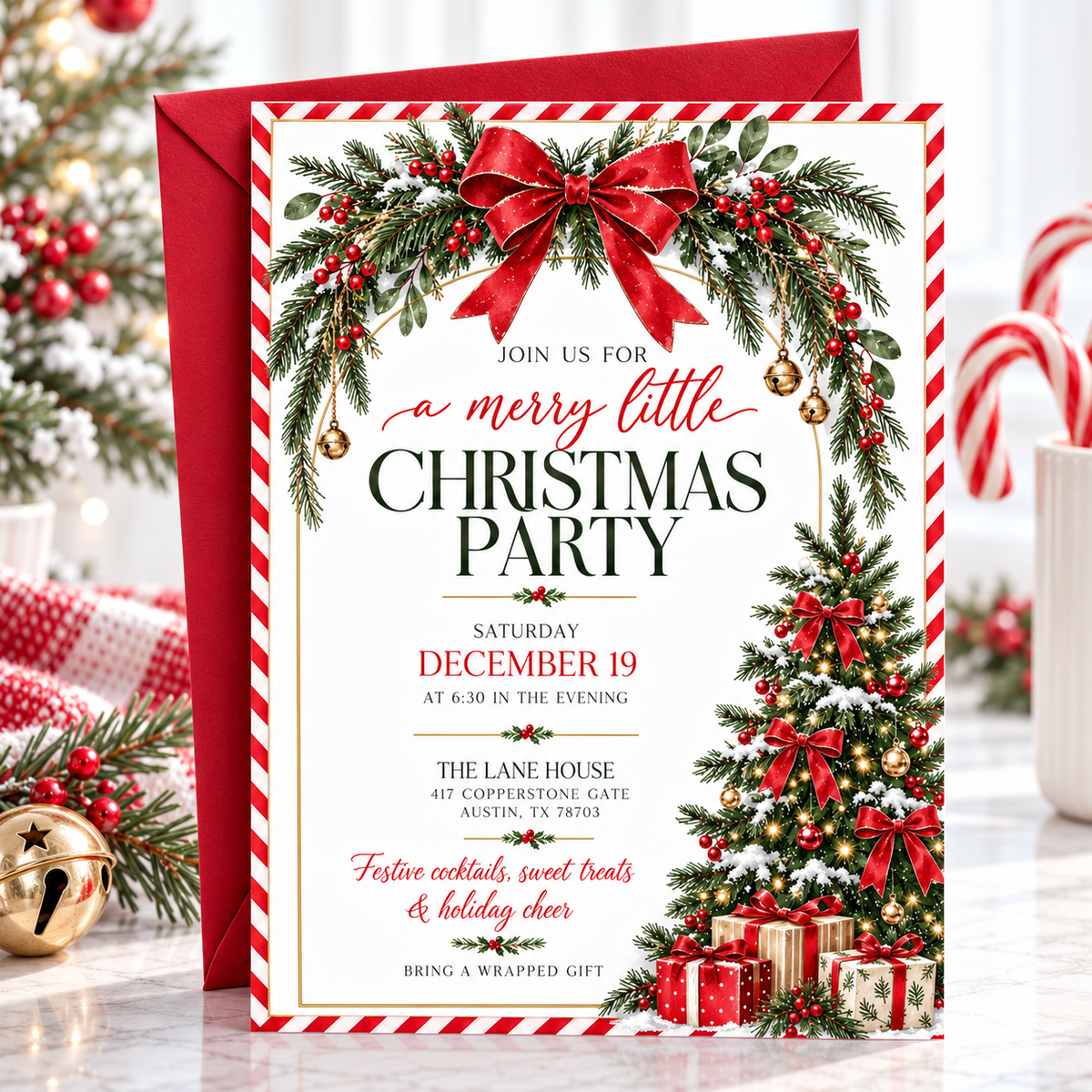 Christmas party invitation with red bows, evergreen garland, holly berries, gold bells, and a decorated Christmas tree