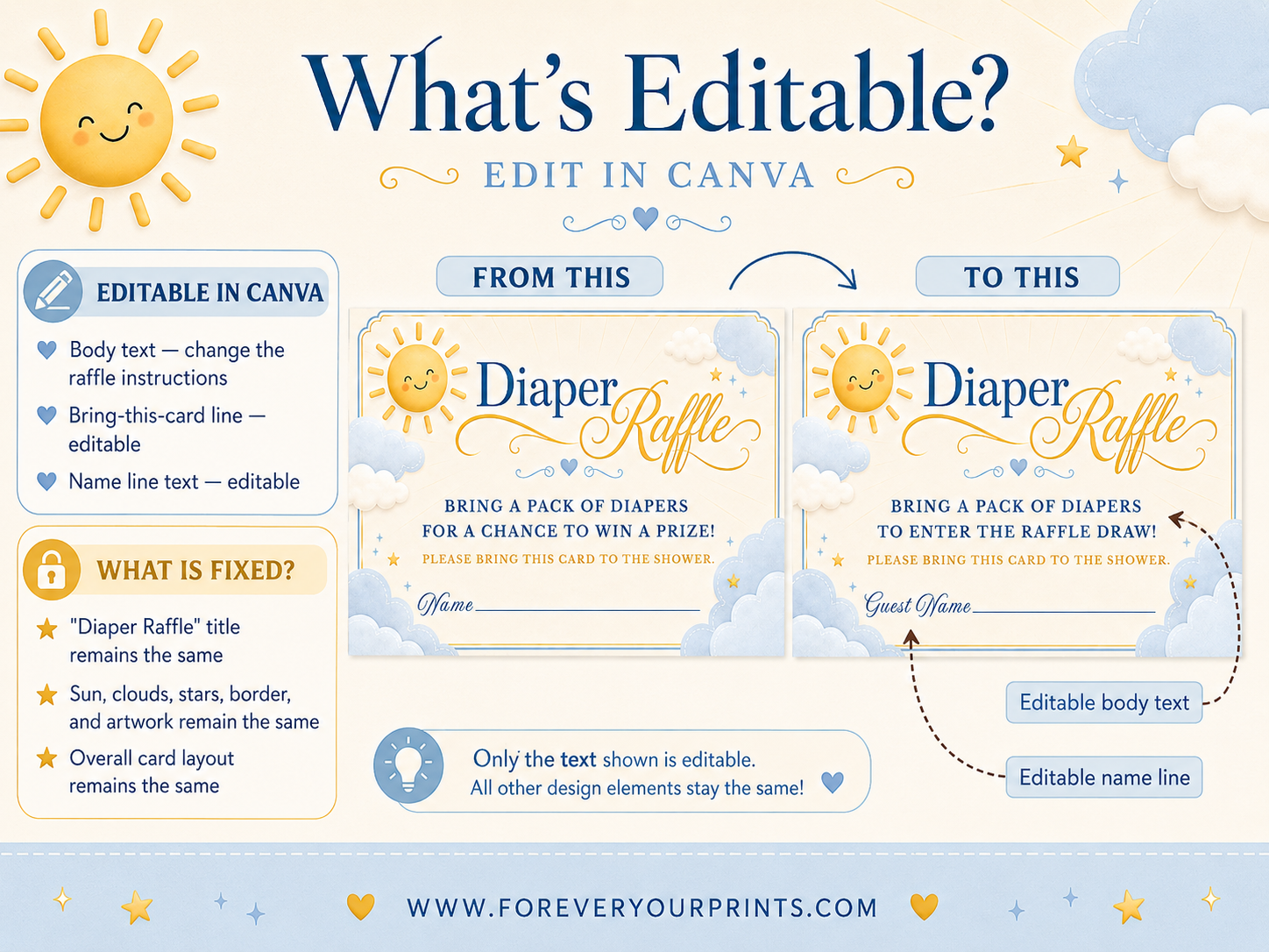 Editable here comes the son diaper raffle card Canva template with smiling sun, fluffy blue and white clouds, gold star accents, and navy and golden script typography on a warm cream background, landscape orientation
