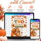 Fall 2nd birthday invitation with Our Little Turkey Is Turning Two wording, a cute turkey, orange gingham bow, pumpkins, and autumn leaves