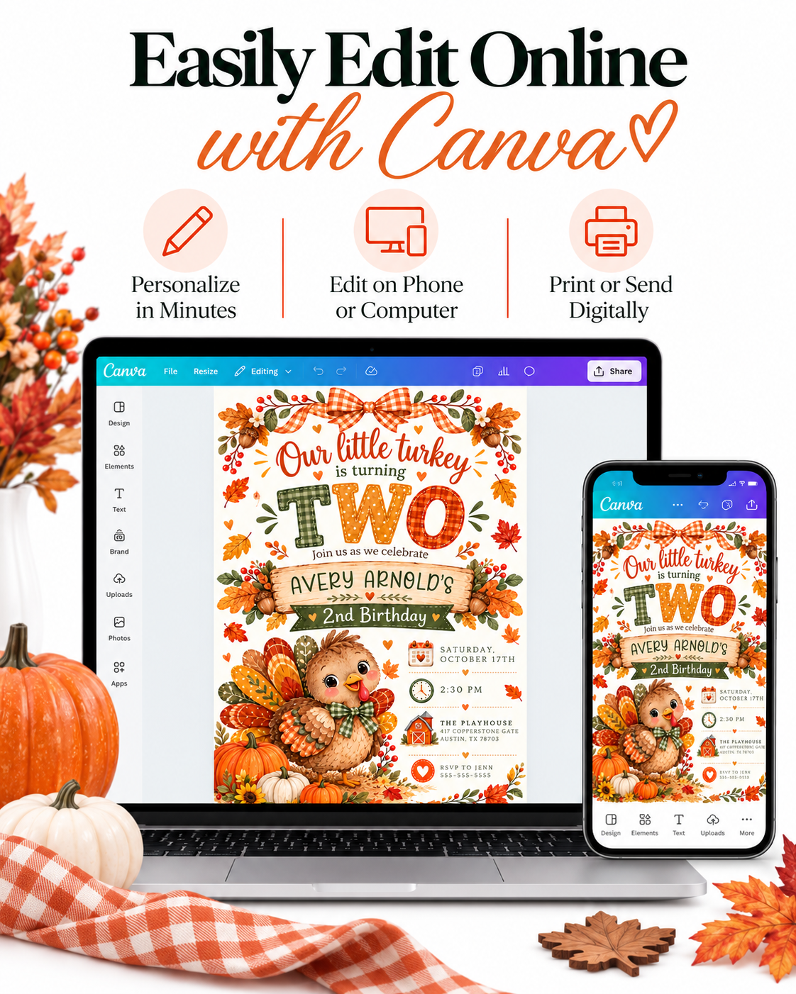 Fall 2nd birthday invitation with Our Little Turkey Is Turning Two wording, a cute turkey, orange gingham bow, pumpkins, and autumn leaves