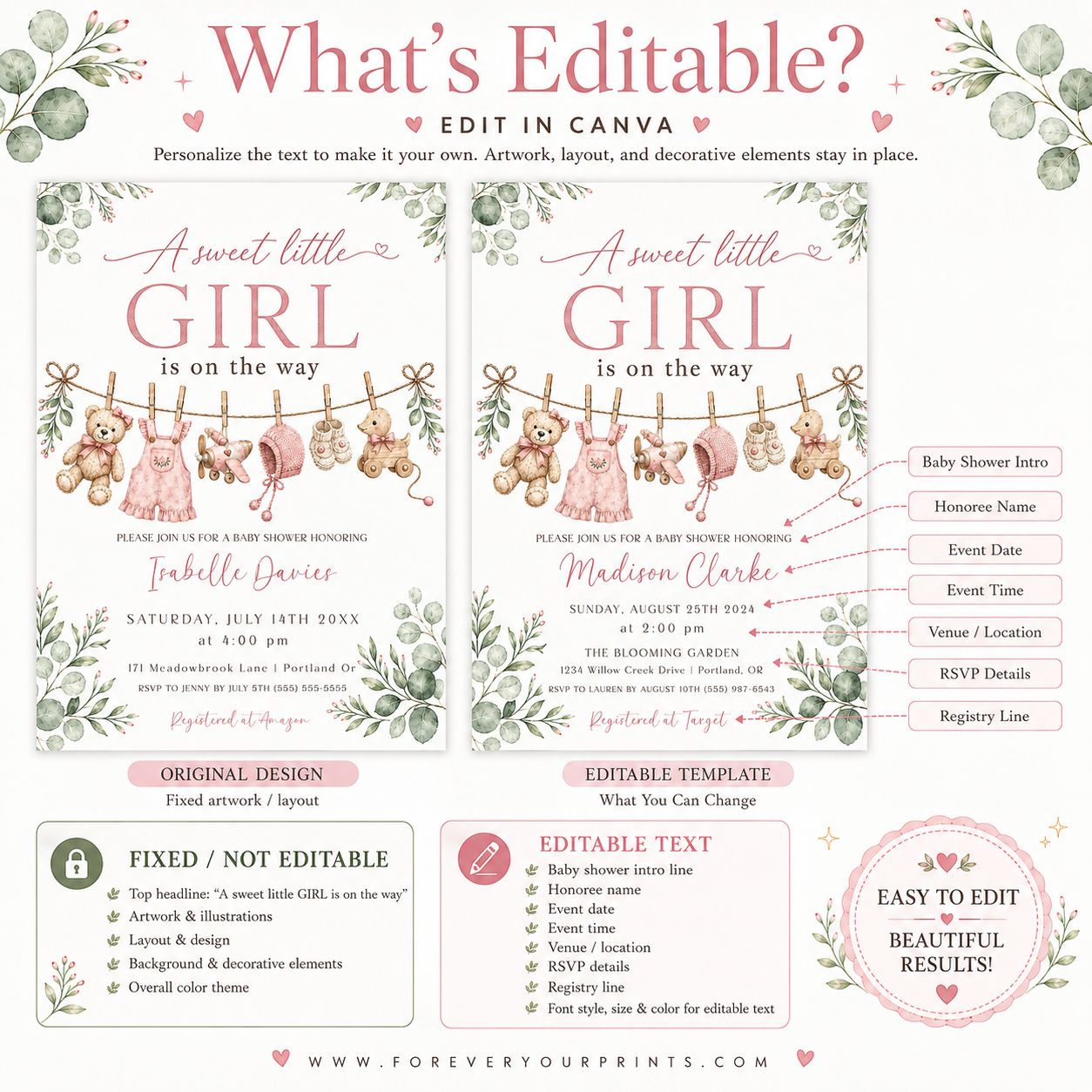 Sweet little girl baby shower invitation with hanging baby clothes, a teddy bear, and greenery in soft pink and sage