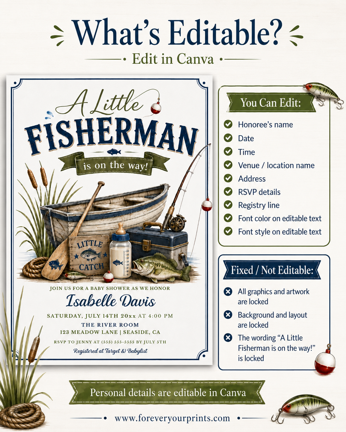 Fishing baby shower invitation with a rowboat, tackle box, and bass fish in navy and green