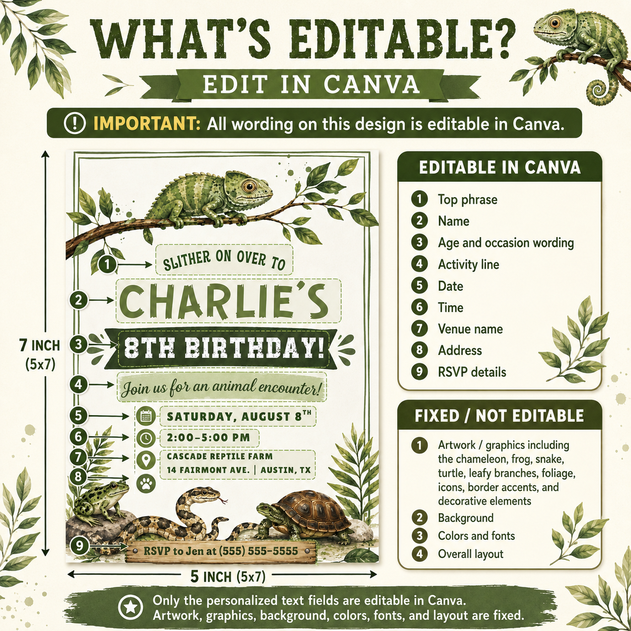 Reptile birthday invitation with chameleon, snake, frog, turtle, leafy greenery, and rustic animal encounter birthday party details