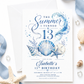 The summer I turned 13 birthday invitation with blue watercolor waves, seashells, starfish, sand dollar, coral, bubbles, and elegant beach details