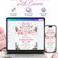Baby It’s Cold Outside baby shower invitation with pink knit baby clothes, snowflakes, pink bows, pine branches, pinecones, and winter baby girl shower details