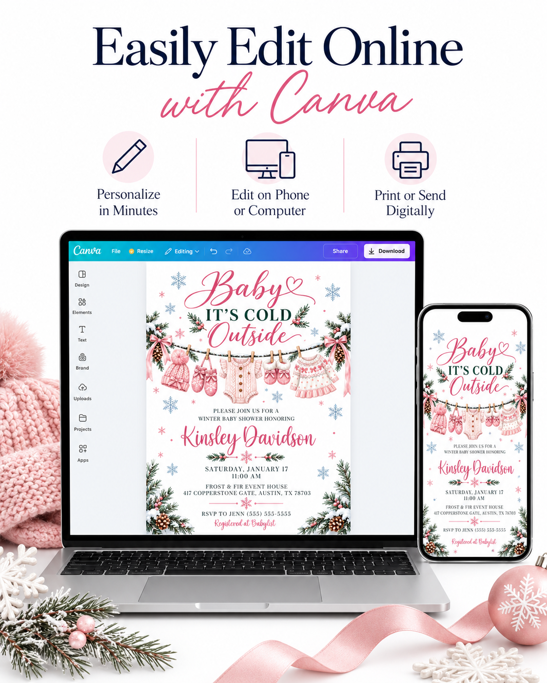 Baby It’s Cold Outside baby shower invitation with pink knit baby clothes, snowflakes, pink bows, pine branches, pinecones, and winter baby girl shower details