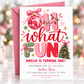 Christmas 1st birthday invitation with pink, red, and sage Oh What Fun lettering, a pink disco ornament, ribbon bows, Christmas lights, and a decorated tree
