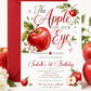 Apple of our eye birthday invitation with watercolor red apples, leafy branches, apple blossoms, hearts, elegant script lettering, and orchard birthday details