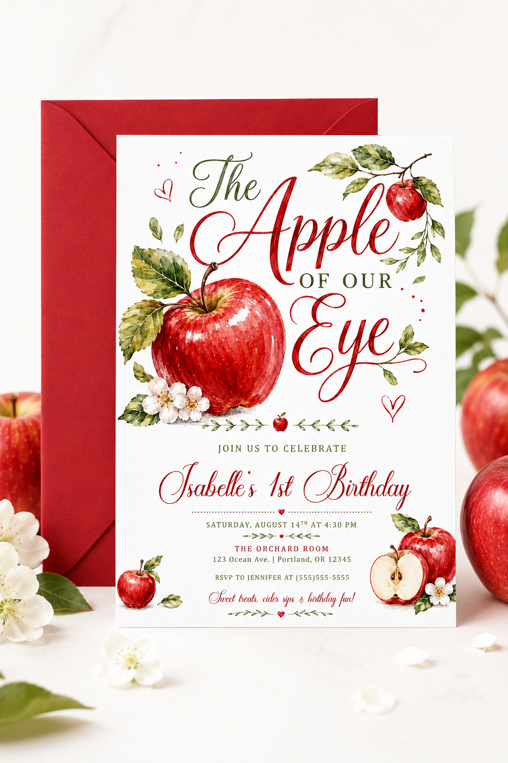 Apple of our eye birthday invitation with watercolor red apples, leafy branches, apple blossoms, hearts, elegant script lettering, and orchard birthday details