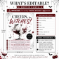 Cheers Witches Halloween party invitation with glamorous ghost in coupe glass, dark red cocktail, cherries, bats, spiderwebs, and adult Halloween party details