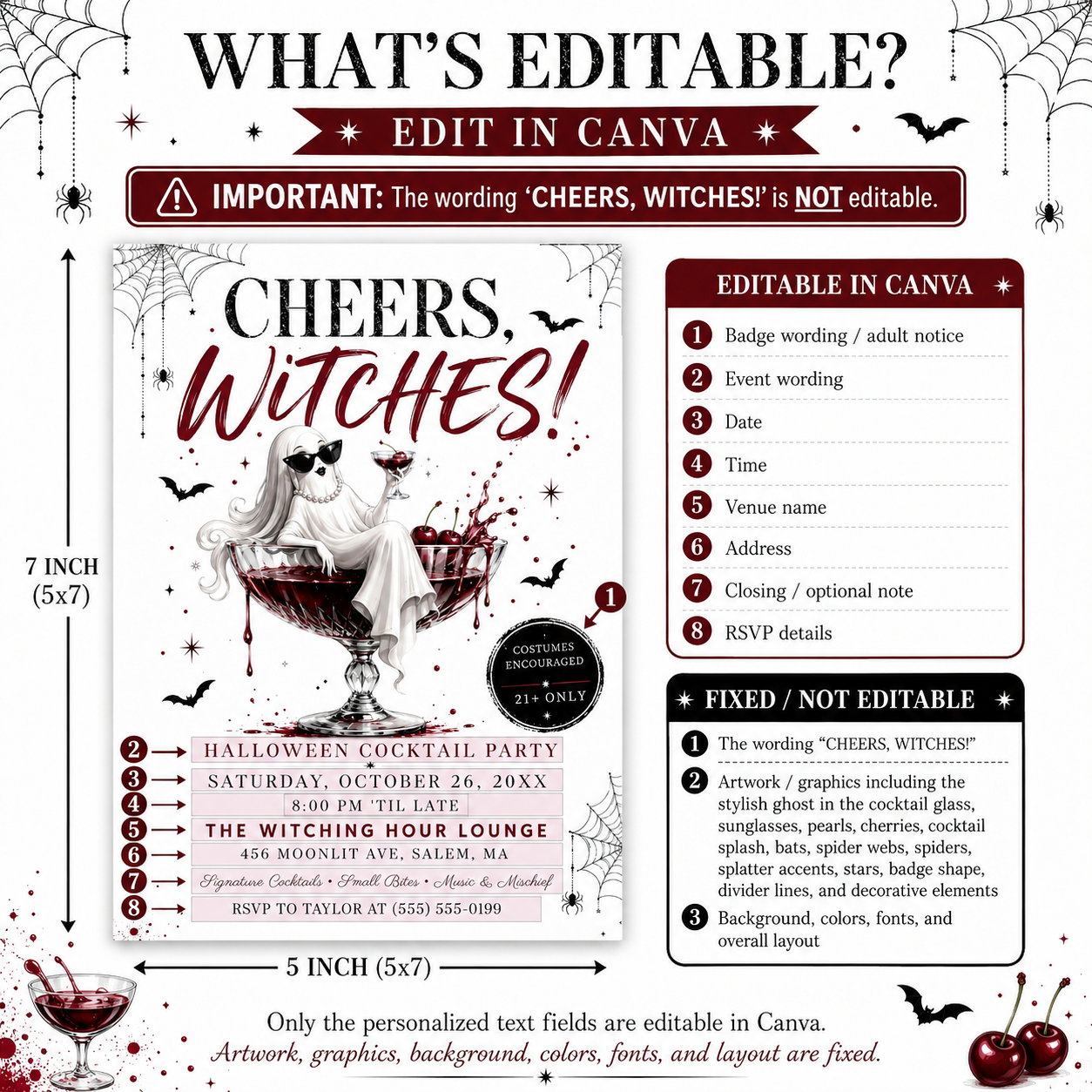 Cheers Witches Halloween party invitation with glamorous ghost in coupe glass, dark red cocktail, cherries, bats, spiderwebs, and adult Halloween party details