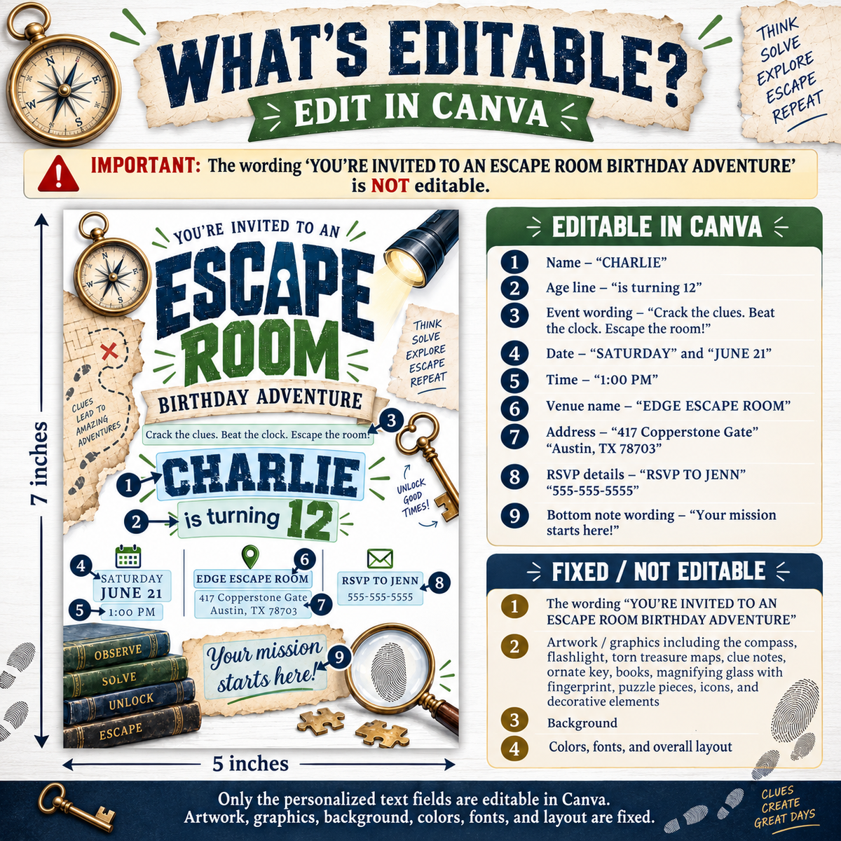 Escape room birthday invitation with vintage keys, compass, flashlight, treasure map clues, fingerprint magnifier, books, and puzzle pieces for a tween party