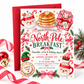 North Pole Breakfast invitation with Santa mugs, stacked pancakes, candy canes, Christmas pajamas, elf hats, pink bows, evergreen sprigs, and festive holiday party details