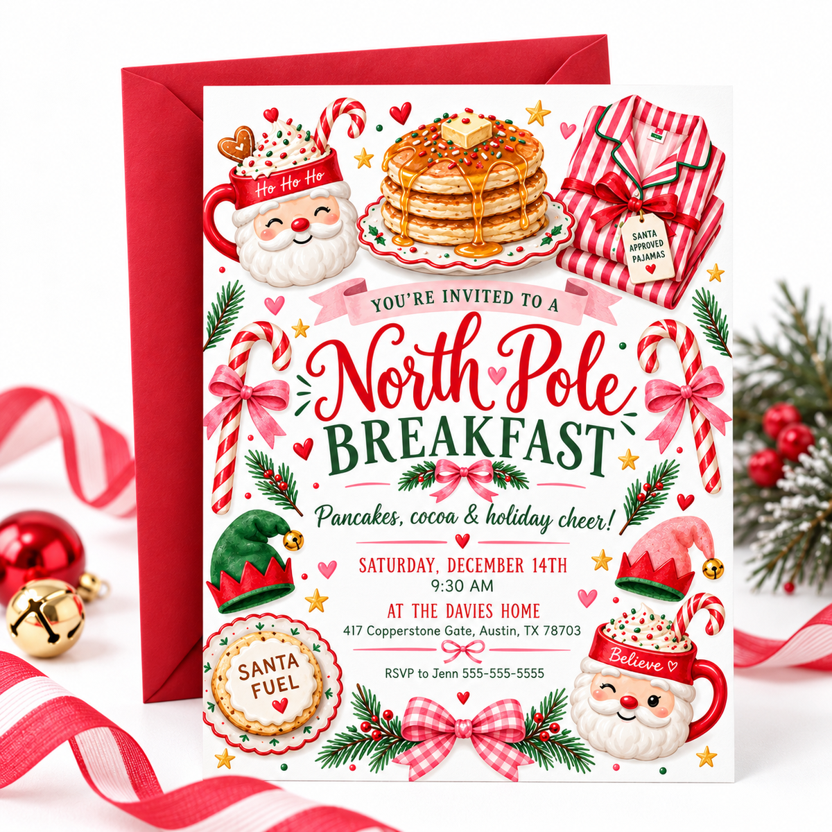 North Pole Breakfast invitation with Santa mugs, stacked pancakes, candy canes, Christmas pajamas, elf hats, pink bows, evergreen sprigs, and festive holiday party details