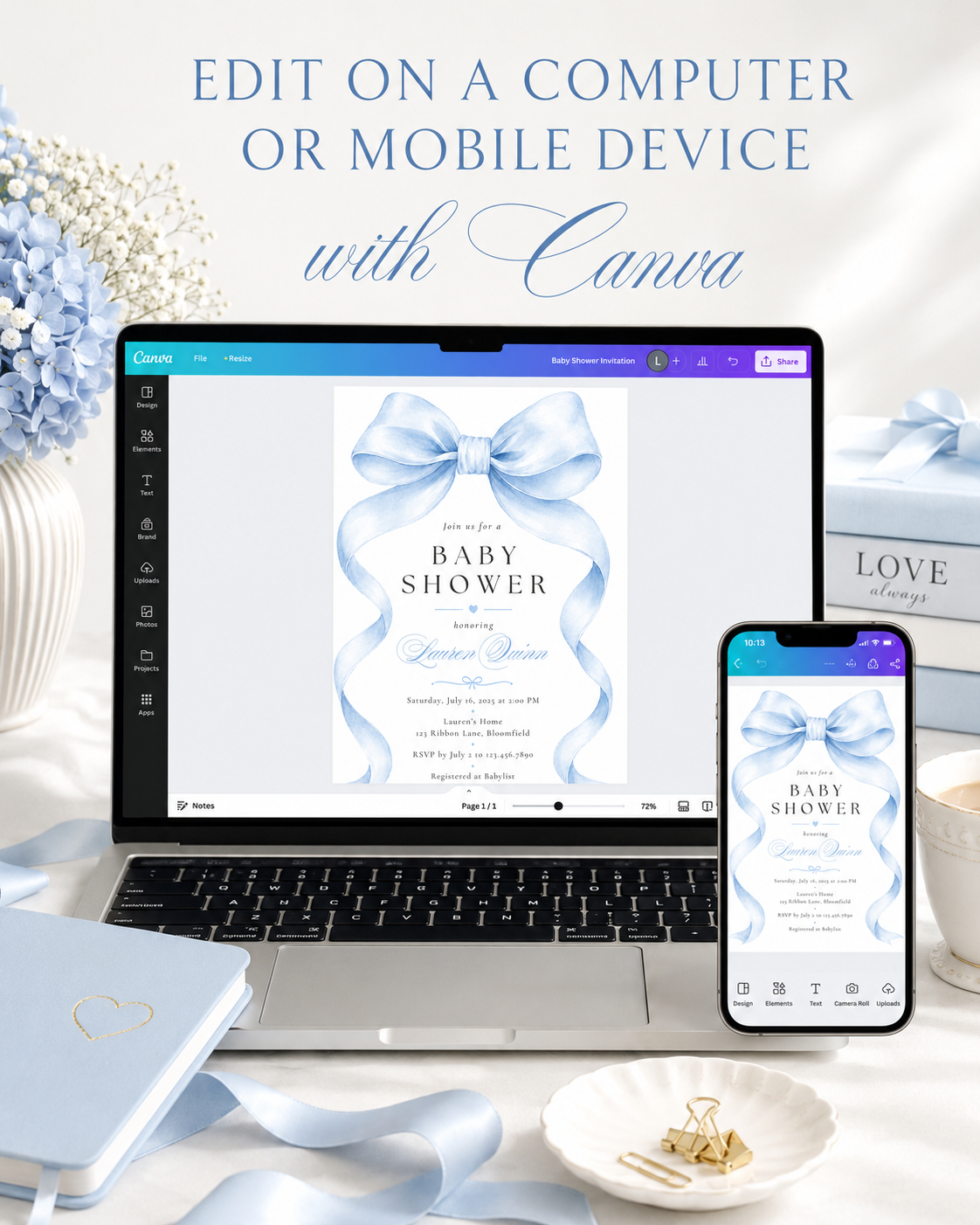 Editable blue bow baby boy shower invitation Canva template with oversized watercolour powder blue bow and flowing ribbon tails, bold spaced serif typography, and blue calligraphy script on a white background