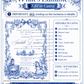 Blue toile baby shower invitation with royal blue floral border, bow, baby carriage, rocking horse, countryside scene, and elegant vintage details