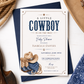 Editable Western cowboy baby shower invitation Canva template with illustrated cowboy hat, denim boots, horseshoe, bandana, lasso rope, and bold navy distressed typography on a warm cream background with Western border