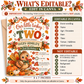 Fall 2nd birthday invitation with Our Little Turkey Is Turning Two wording, a cute turkey, orange gingham bow, pumpkins, and autumn leaves
