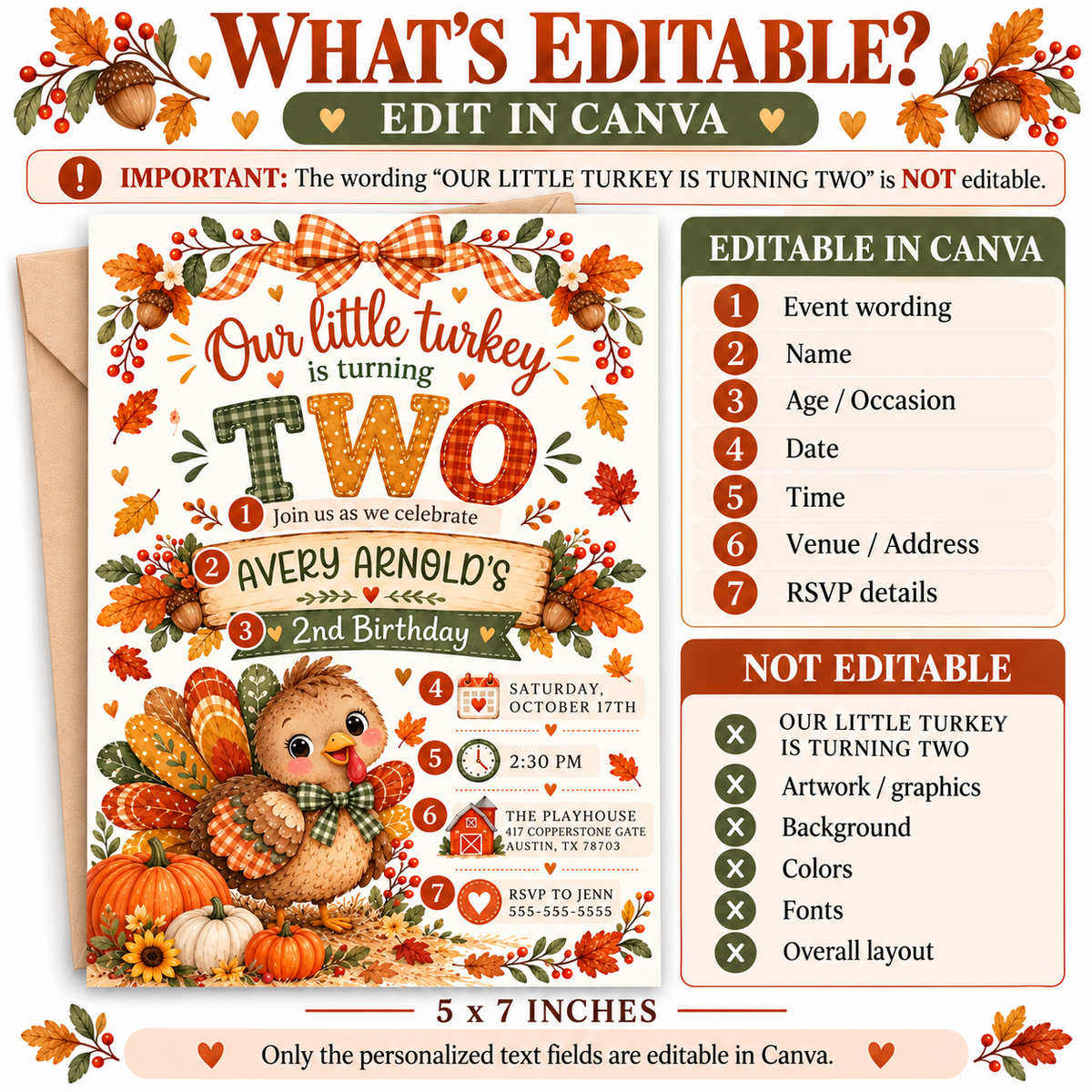 Fall 2nd birthday invitation with Our Little Turkey Is Turning Two wording, a cute turkey, orange gingham bow, pumpkins, and autumn leaves