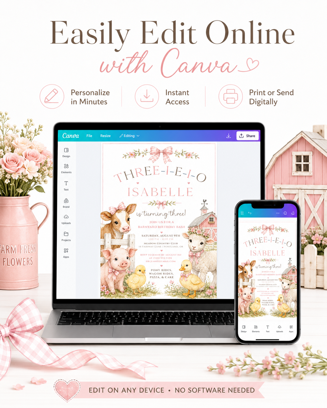 Our little farmer girl birthday invitation with a blue barn, green tractor, calf, piglet, and lamb in pink bows in soft pink and blue
