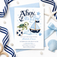 Editable ahoy it's a boy baby shower invitation Canva template with navy and sky blue nautical theme, sea turtle, sailboat, anchor, and ocean waves on a white background