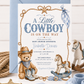 Little cowboy baby shower invitation with teddy bear cowboy, blue cowboy boots, rocking horse, rope border, sheriff star, gingham bandana, and western details
