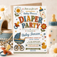 Diaper party baby shower invitation with retro stroller, baby bottle, pacifier, rubber duck, smiley flowers, and checkerboard baby boy shower details