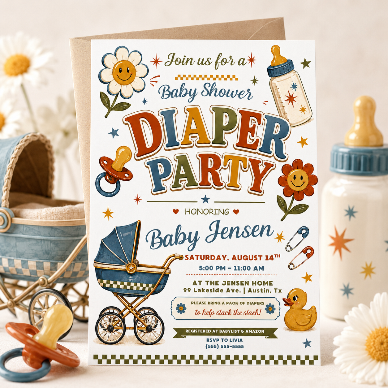 Diaper party baby shower invitation with retro stroller, baby bottle, pacifier, rubber duck, smiley flowers, and checkerboard baby boy shower details