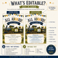 Train birthday party invitation with a vintage steam train, gifts, and bunting in navy, green, and gold