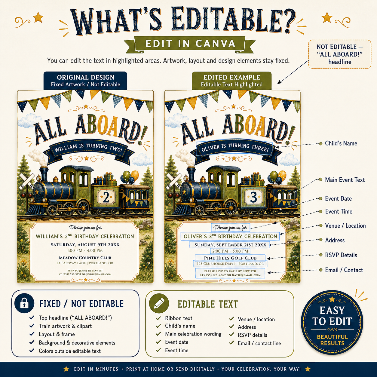 Train birthday party invitation with a vintage steam train, gifts, and bunting in navy, green, and gold