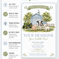 Our little farmer birthday invitation with a blue barn, green tractor, cow, pig, and lamb in soft blue and green