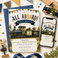 Train birthday party invitation with a vintage steam train, gifts, and bunting in navy, green, and gold