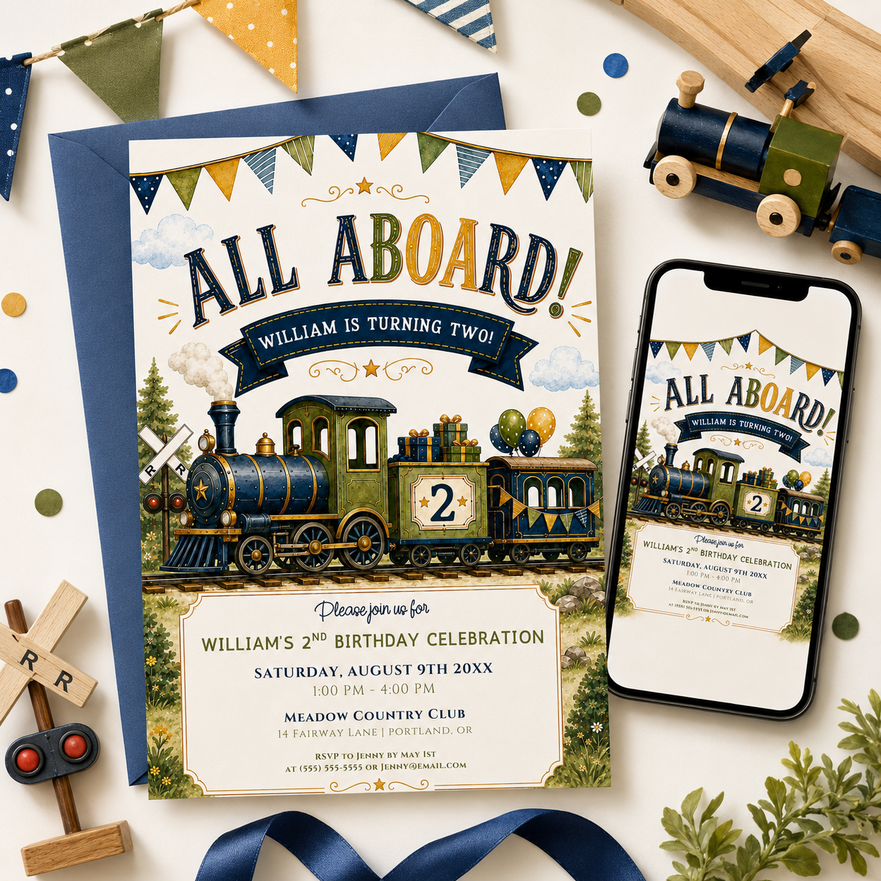 Train birthday party invitation with a vintage steam train, gifts, and bunting in navy, green, and gold