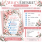 Winter Onederland 1st birthday invitation with a large pink bow, pink poinsettias, snow-covered greenery, pinecones, pink ornaments, and delicate snowflakes