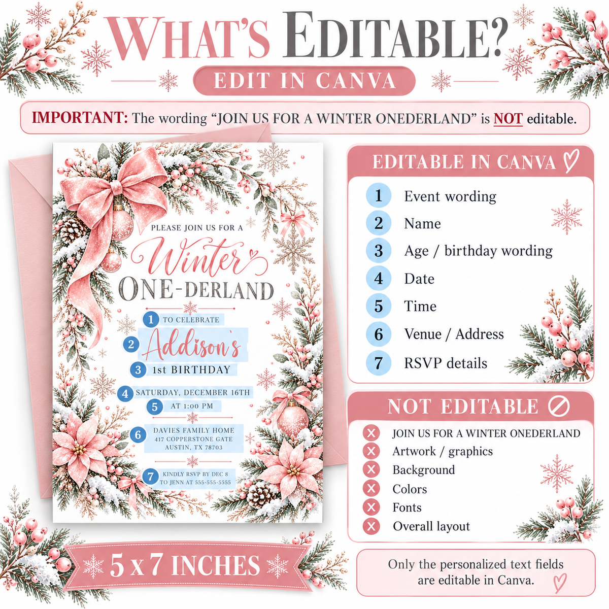Winter Onederland 1st birthday invitation with a large pink bow, pink poinsettias, snow-covered greenery, pinecones, pink ornaments, and delicate snowflakes