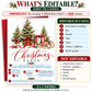 Christmas party invitation with three snow-dusted evergreen trees in wicker baskets, glowing string lights, red bows, gold bells, and a wooden sled carrying wrapped gifts