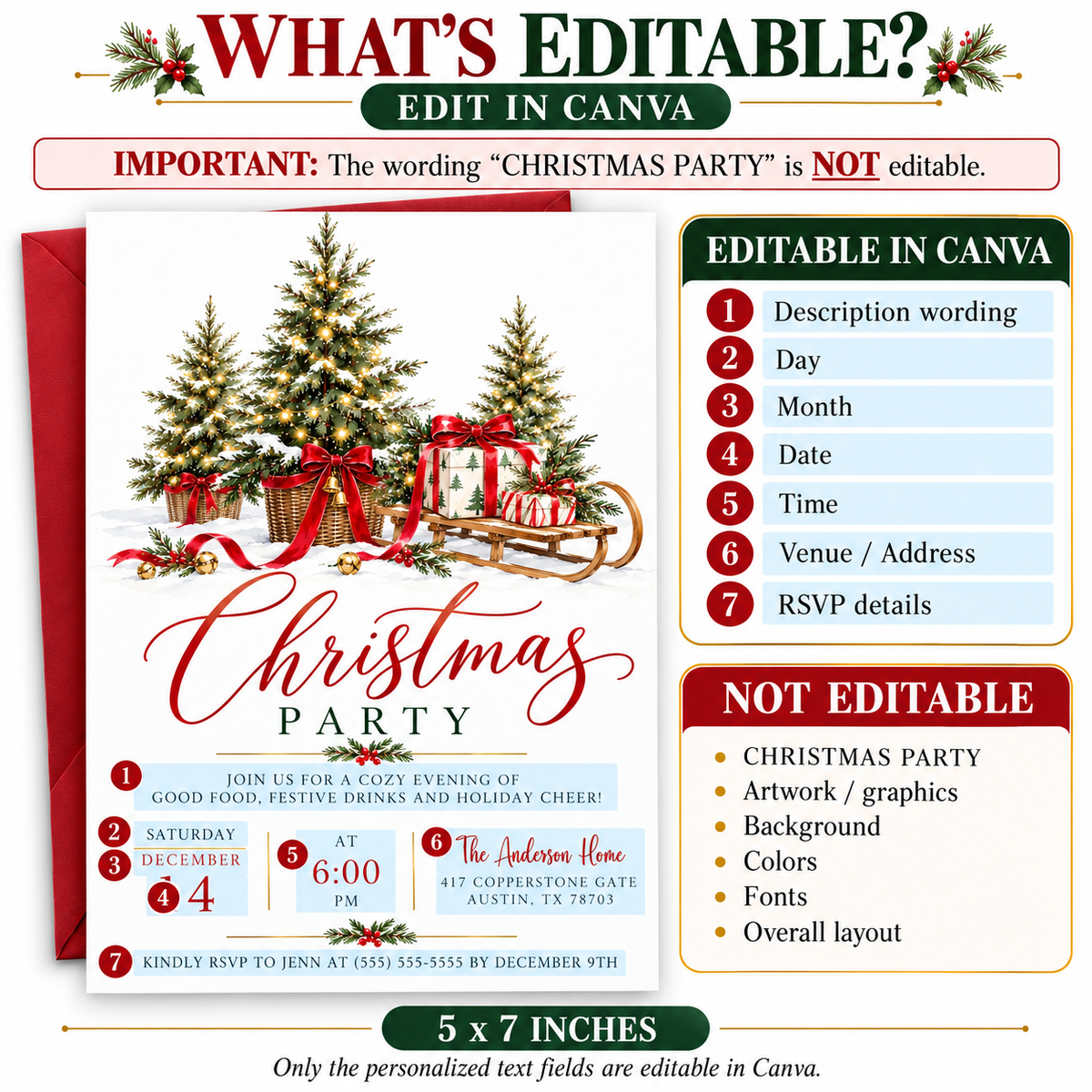 Christmas party invitation with three snow-dusted evergreen trees in wicker baskets, glowing string lights, red bows, gold bells, and a wooden sled carrying wrapped gifts