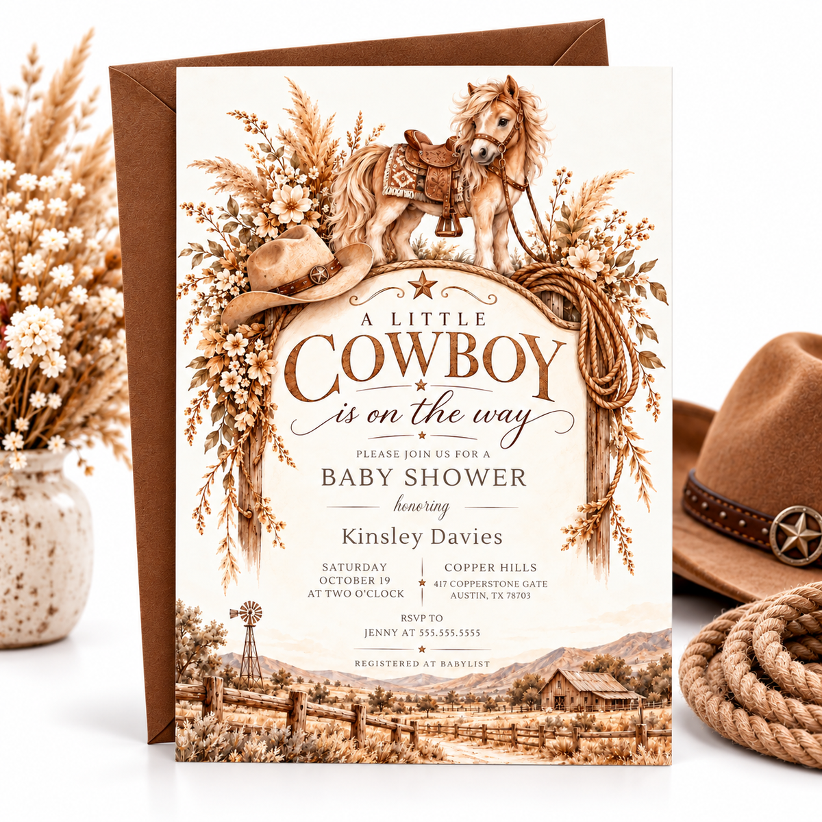Cowboy baby shower invitation with a saddled horse, cowboy hat, lasso, dried florals, and rustic ranch scene in brown and cream for a western baby boy shower