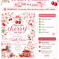 Cherry baby shower invitation featuring red cherries, pink cherry blossoms, blush gingham bows, cherry cart, basket and floral details.
