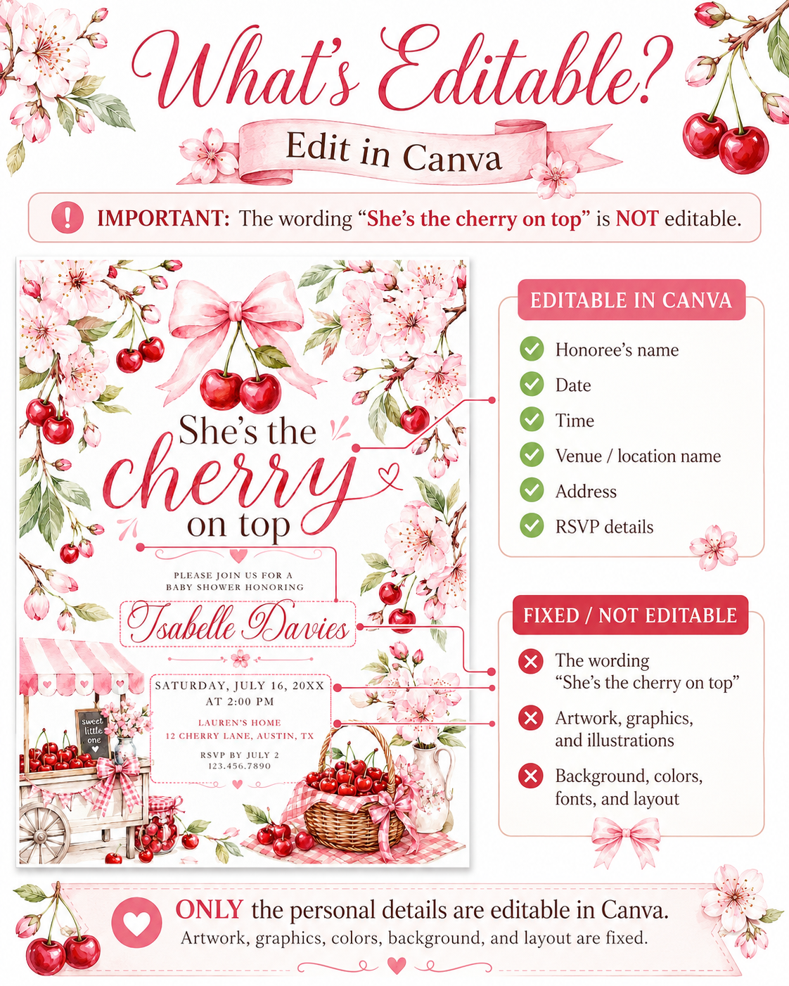 Cherry baby shower invitation featuring red cherries, pink cherry blossoms, blush gingham bows, cherry cart, basket and floral details.
